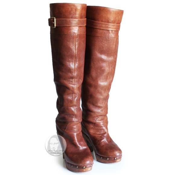 Michael Kors Leather Boots Yolanda OTK Over the Knee Studs Wood Heels Size 7.5M - Picture 1 of 14